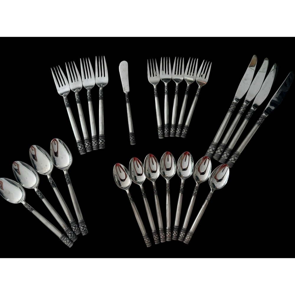 VTG Stanley Roberts Stainless Japan Flatware Set 25 Pc Leaf Rope Service 4 Uniqu